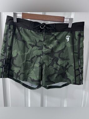 Tucann Striped Green Camo Swim Trunks with Black Waistband and Drawstring. XL
